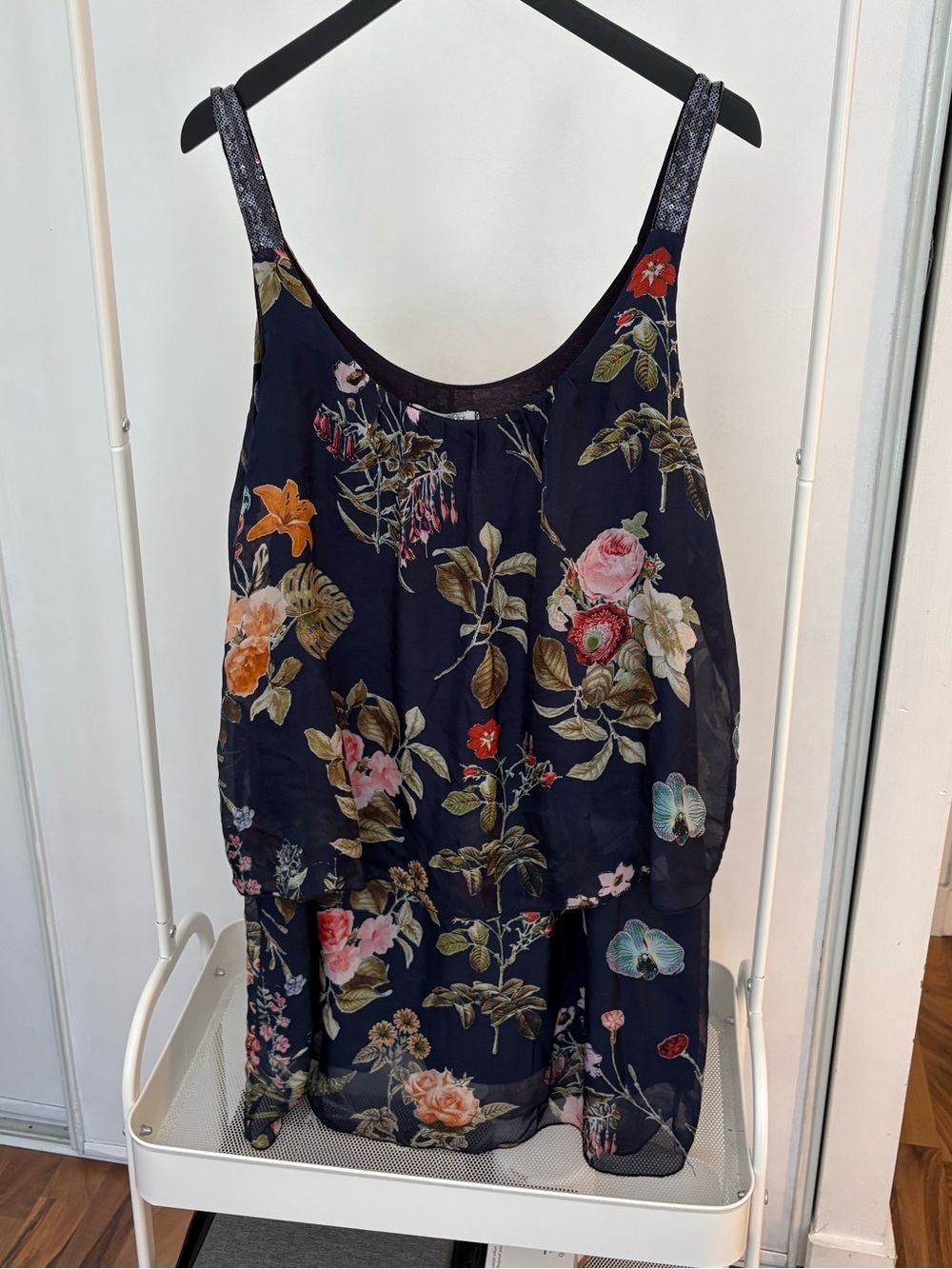 Elena Baldi | Floral Mini Dress with Sequin Spaghetti Straps